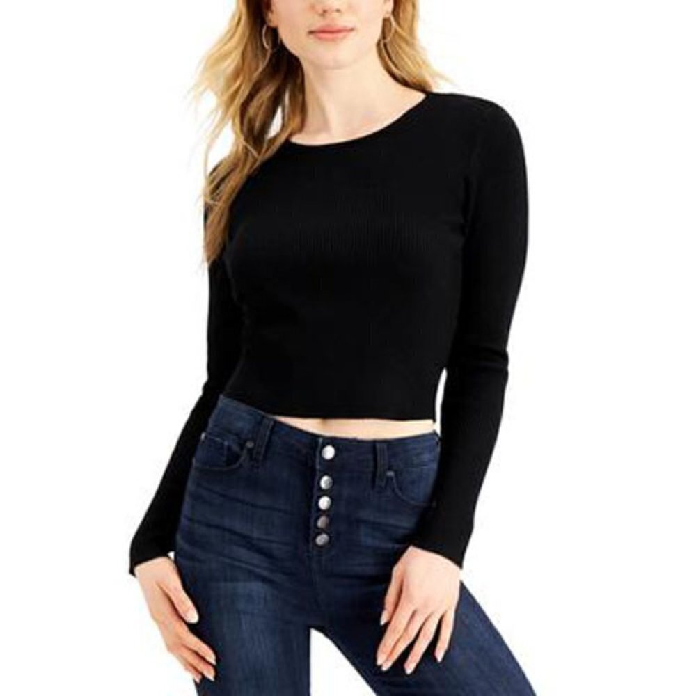 𝅺JR345 Crave Fame Black Juniors' Open-Back Rib-Knit Sweater Size L